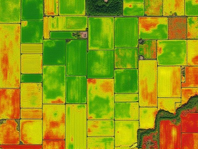 False color satellite image of agricultural fields